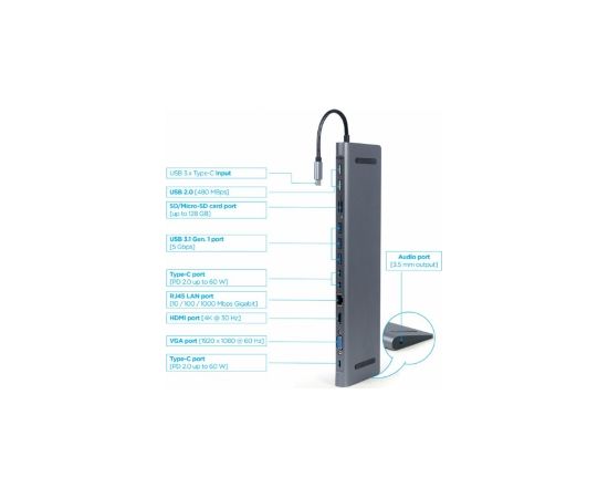 Gembird USB Type-C 9-in-1 Multi-Port Adapter + Card Reader