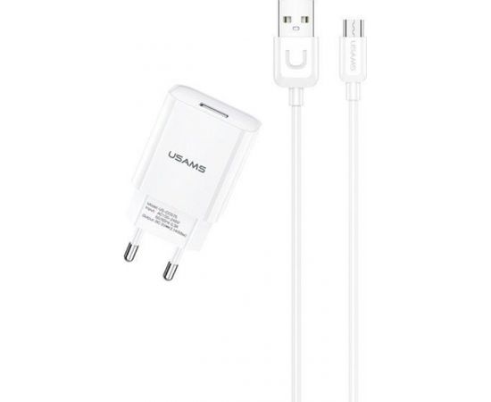 Usams T21 Komplekts 2in1 Adaptīvs Ātrs 2.1 USB tīkla lādētājs + USB uz Micro USB 1m Kabelis Balta