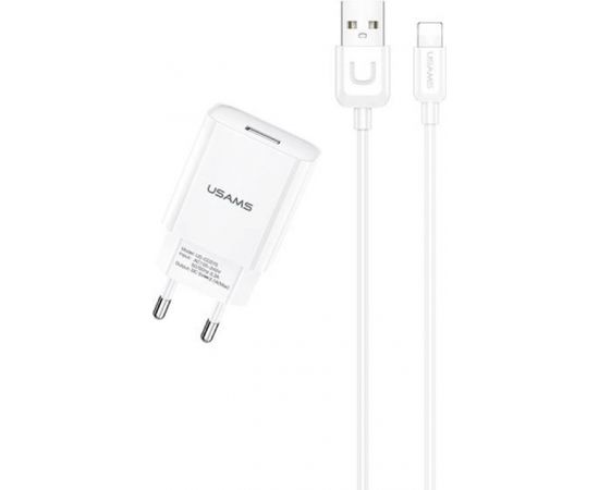 Usams T21 Set 2в1 Адаптивная Быстрая 2.1A Сетевая зарядка + USB на Lightning 1м Кабель Белый