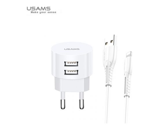 Usams US-T20 Set 2in1 Круглой формы Компактная Быстрая 2.1A Сетевая зарядка + USB на Lightning 1м Кабель Белый