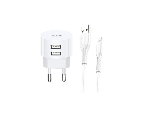 Usams US-T20 Set 2in1 Круглой формы Компактная Быстрая 2.1A Сетевая зарядка + USB на Lightning 1м Кабель Белый