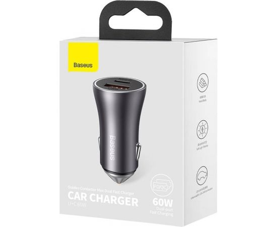 Baseus Golden Contactor Max car charger, USB + USB-C, 60W (gray) Telefonu lādētāji 12v Automašīnām