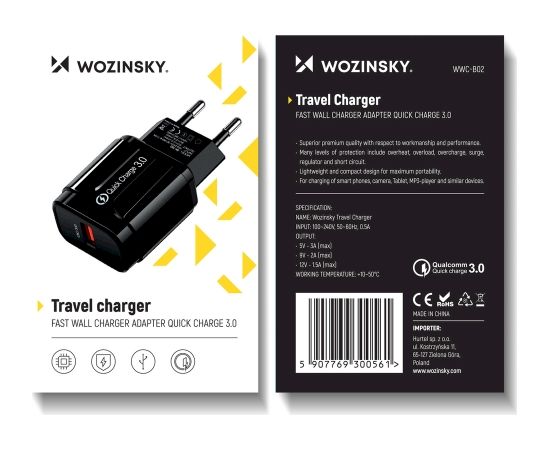 Wozinsky USB 3A Quick Charge travel wall charger black (WWC-B02)