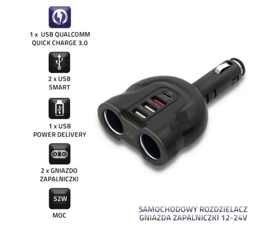 Qoltec 50641 Car Charger 12-24V | 52W | 5V | 2.4A| 2xUSB | USB QC 3.0 | USB C PD | 2x Cigarette Lighter Splitter