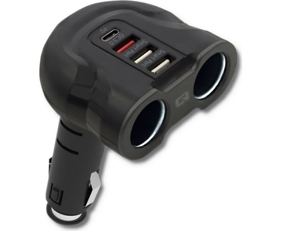 Qoltec 50641 Car Charger 12-24V | 52W | 5V | 2.4A| 2xUSB | USB QC 3.0 | USB C PD | 2x Cigarette Lighter Splitter