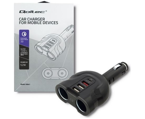 Qoltec 50641 Car Charger 12-24V | 52W | 5V | 2.4A| 2xUSB | USB QC 3.0 | USB C PD | 2x Cigarette Lighter Splitter