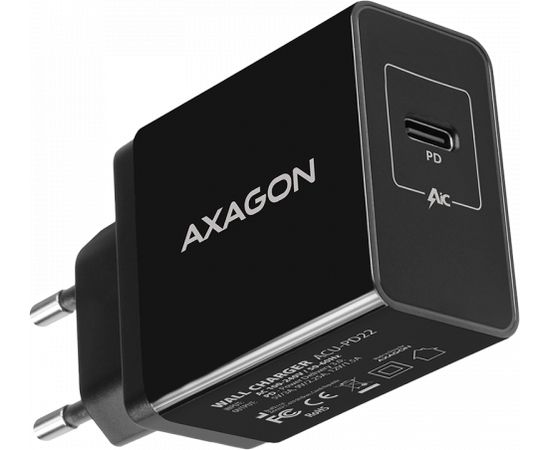 Axagon ACU-PD22 USB-C PD Wall charger <240V / 1x USB-C port PD3.0/QC3.0/AFC/FCP/Apple. 22W total power.