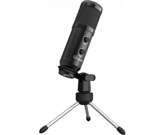 LORGAR Gaming Microphones, Whole balck color, USB condenser microphone with Volumn Knob & Echo Kob, including 1x Microphone, 1 x 2.5M USB Cable, 1 x Tripod Stand, 1 x User Manual, body size: Φ47.4*158.2*48.1mm, weight: 243.0g