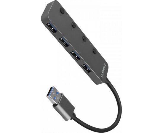 AXAGON HUE-MSA 4x USB3.2 Gen 1 SWITCH hub, metal, micro USB power IN, 20cm USB-A cable