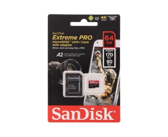 SANDISK Extreme PRO 64GB microSDXC + SD Adapter + 2 years RescuePRO Deluxe up to 200MB/s & 90MB/s Read/Write speeds A2 C10 V30 UHS-I U3