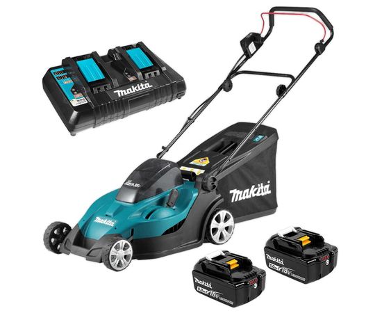 Akumulatora mauriņa pļaujmašīna DLM432PT2 Makita 2X18V, 43cm, 2X5,0Ah Li-ion DC18RD, 3 in 1 (Pļaušana/savākšana/sasmalcināšana)