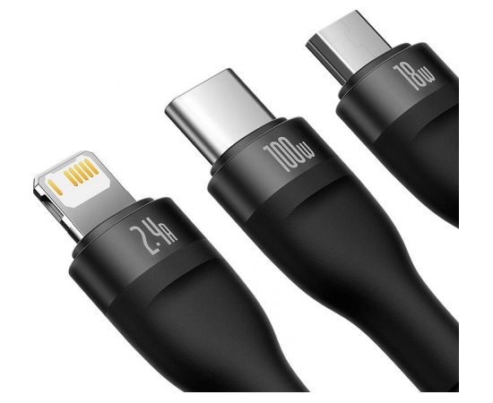 3in1 USB cable Baseus Flash Series, USB-C + micro USB + Lightning, 100W, 1.2m (black)