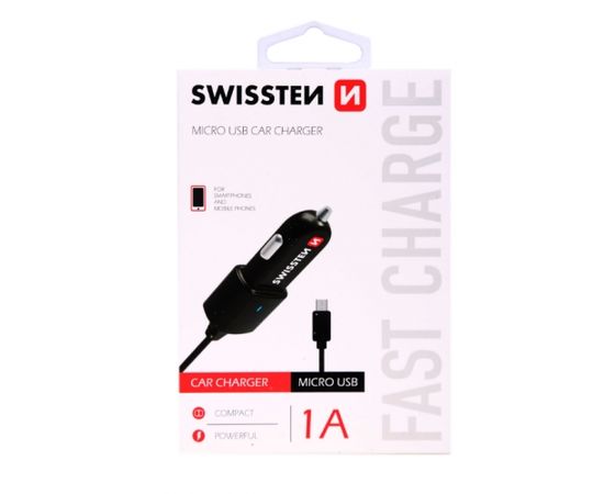 Swissten Premium Auto Lādētājs 12 / 24V / 1A ar Micro USB vadu Melns