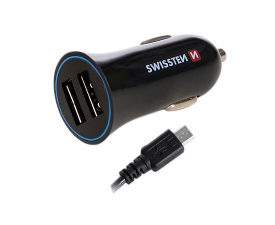 Swissten Премиум Автомобильная зарядка 12 / 24V / 1A+ 2.1A + кабель Micro USB  150 cm Черная