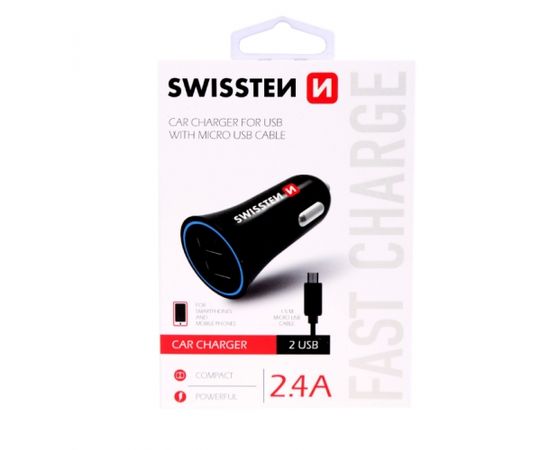 Swissten Премиум Автомобильная зарядка 12 / 24V / 1A+ 2.1A + кабель Micro USB  150 cm Черная