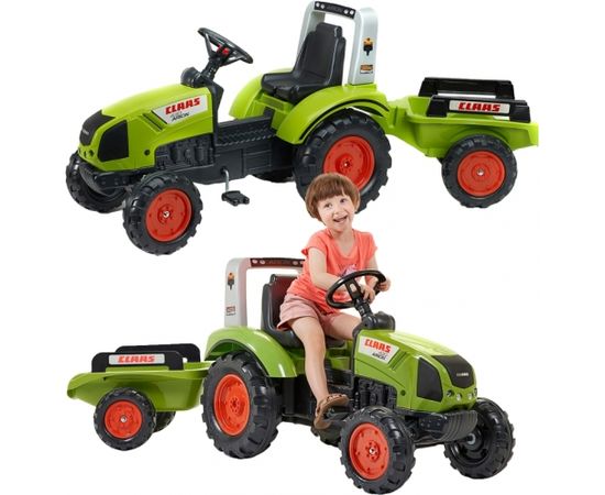 Traktors ar pedāļiem un piekabi, zaļš