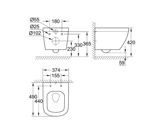 Grohe pods EuroCeramic Compact Rimless, stiprināms pie sienas, 374x490 mm, Triple Vortex, balts