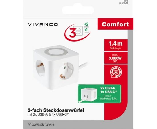 Vivanco Power Cube 3-Way USB-A/C 1.4m (39619)