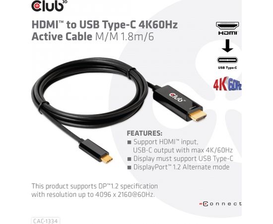 CLUB 3D HDMI to USB Type-C 4K60Hz Active Cable M/M 1.8m/6 ft