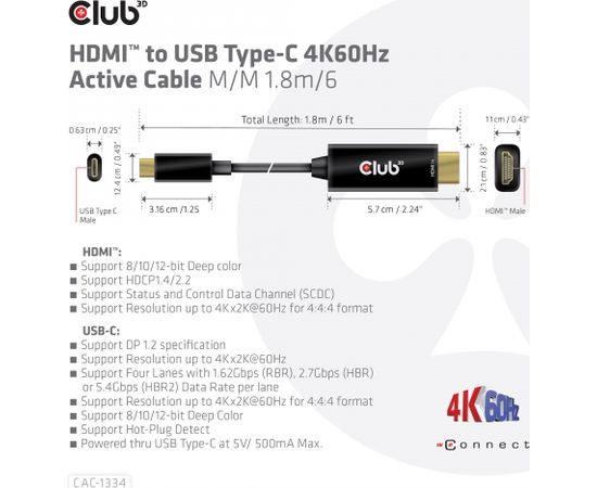 CLUB 3D HDMI to USB Type-C 4K60Hz Active Cable M/M 1.8m/6 ft