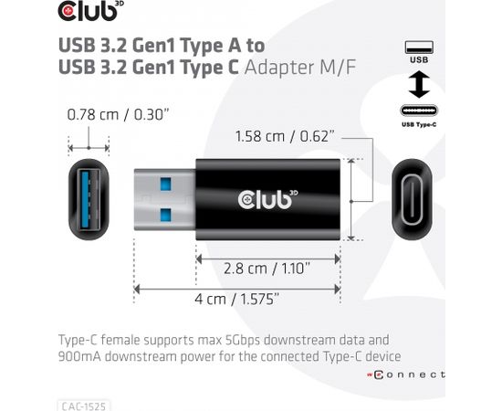 CLUB 3D CAC-1525 USB 3.2 Gen1 Type A to USB 3.2 Gen1 Type C Adapter M/F