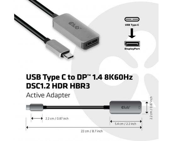 Club 3d CLUB3D USB Type C to DisplayPort 1.4 8K60Hz HBR3 Active Adapter