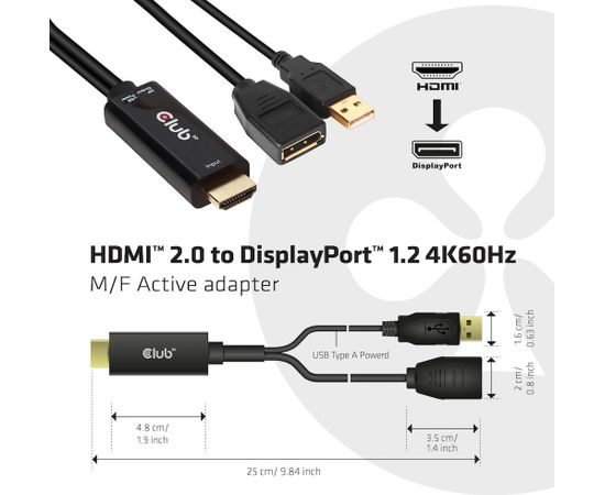 Club 3d CLUB3D HDMI 2.0 TO DISPLAYPORT 1.2 4K60HZ HDR M/F ACTIVE ADAPTER Black