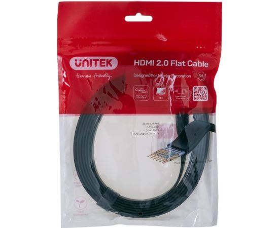 UNITEK HDMI CABLE 2.0 4K60HZ,FLAT ,3M, C11063BK-3M