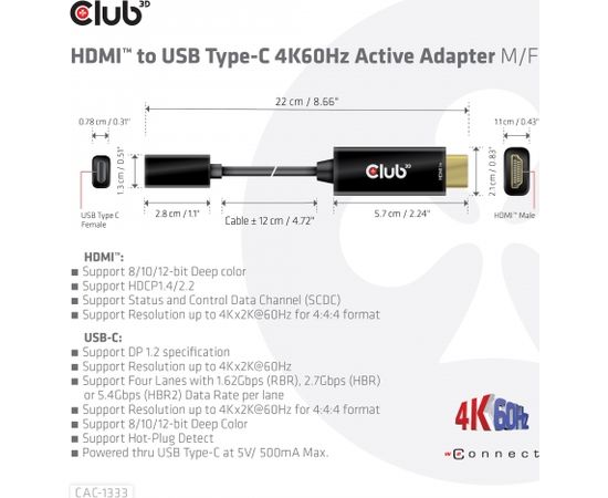 CLUB 3D CAC-1333 HDMI to USB Type-C 4K60Hz Active Adapter M/F