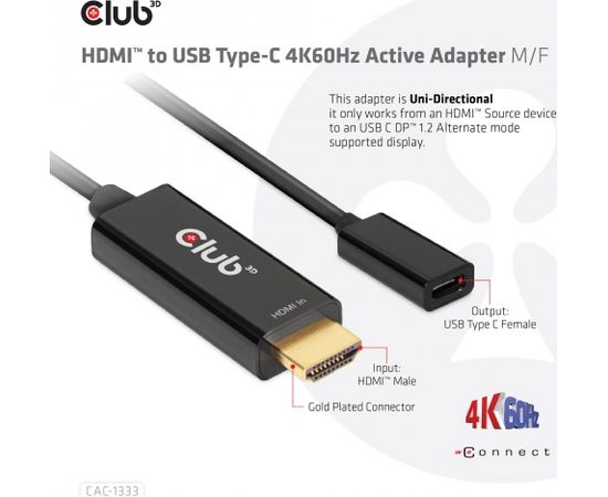 CLUB 3D CAC-1333 HDMI to USB Type-C 4K60Hz Active Adapter M/F