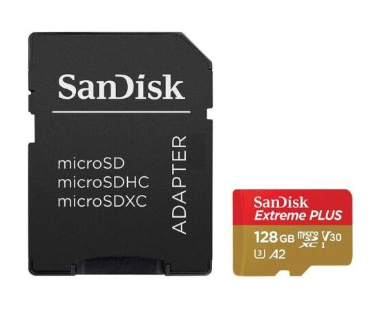 Sandisk memory card microSDXC 128GB Extreme Plus + adapter  200MB/s V30 A2