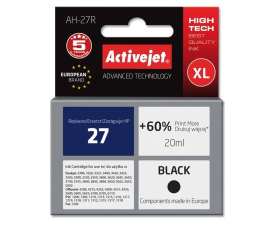 Activejet AH-27R ink for HP printer; HP 27 C8727A replacement; Premium; 20 ml; black