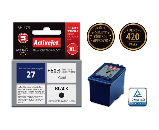 Activejet AH-27R ink for HP printer; HP 27 C8727A replacement; Premium; 20 ml; black