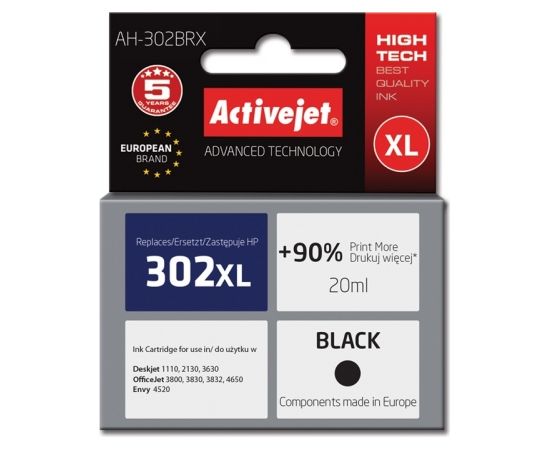 Activejet AH-302BRX ink for HP printer; HP 302XL F6U68AE replacement; Premium; 20 ml; black