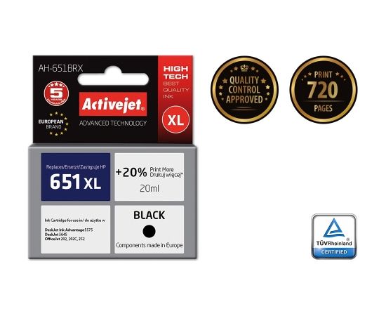 Activejet AH-651BRX ink for HP printer; HP 651 C2P10AE replacement; Premium; 20 ml; black