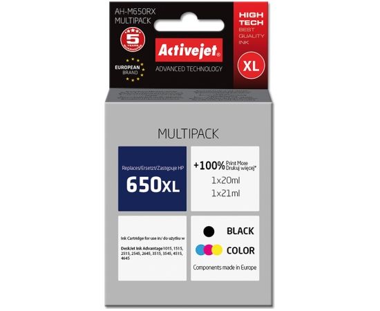 Activejet AH-650RX ink for HP printer; HP 650 CZ102AE replacement; Premium; 1 x 20 ml, 1 x 21 ml; black, color