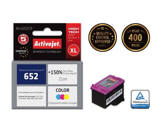 Activejet AH-652CR ink for HP printer; HP 652 F6V24AE replacement; Premium; 21 ml; color