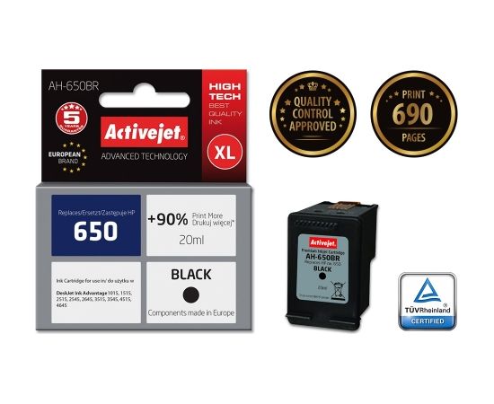 Activejet AH-650BR ink for HP printer; HP 650 CZ101AE replacement; Premium; 20 ml; black