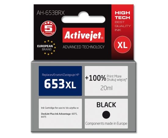 Activejet AH-653BRX Ink for HP printers; Replacement HP 653XL 3YM75AE; Premium; 720 pages; black