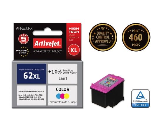 Activejet AH-62CRX ink for HP printer; HP 62XL C2P07AE replacement; Premium; 18 ml; color