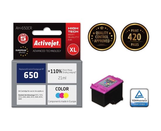 Activejet AH-650CR ink for HP printer; HP 650 CZ102AE replacement; Premium; 21 ml; color