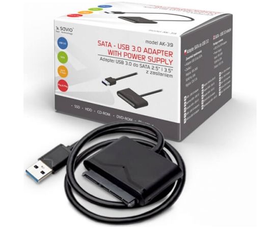 SAVIO AK-39  USB 3.0 - SATA III adapter for 3.5”/2,5" drives with power supply Black