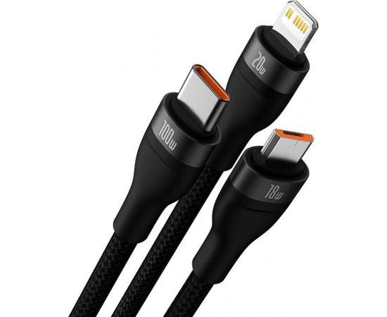 3in1 USB cable Baseus Flash Series 2, USB-C + micro USB + Lightning, 100W, 1.5m (black)