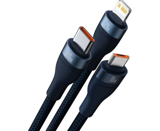 3in1 USB cable Baseus Flash Series 2, USB-C + micro USB + Lightning, 100W, 1.5m (blue)