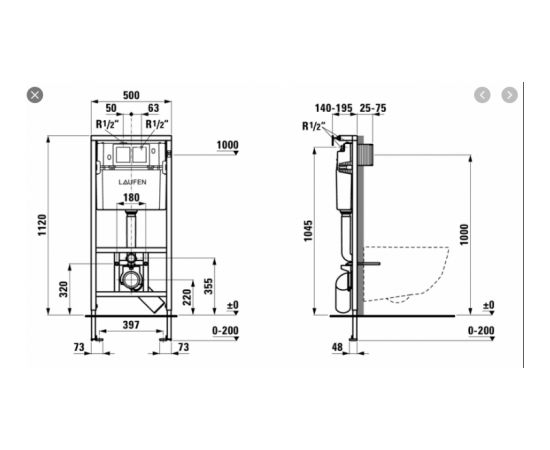 Laufen iebūvējamais rāmis podam LIS CW1, 500x140 mm, h=1120 mm, ar mehānisma regulāciju 4,5/3l, podiem ar Rimless