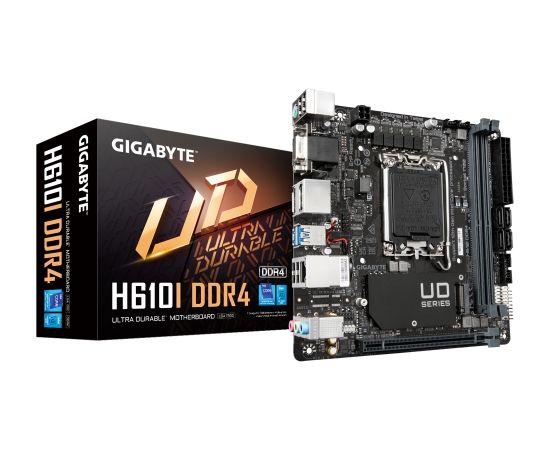 Gigabyte H610I DDR4 1.0 M/B Processor family Intel, Processor socket  LGA1700, DDR4 DIMM, Memory slots 2, Supported hard disk drive interfaces 	SATA, M.2, Number of SATA connectors 4, Chipset Intel H610 Express, Mini-ITX