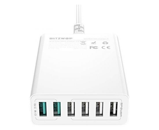 BlitzWolf BW-S15 Tīkla Lādētājs 6 x USB / 60W / 4.8A / Quick Charge 3.0 Balts