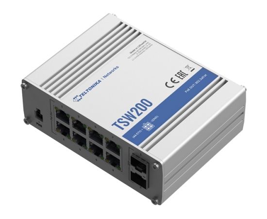 Teltonika Ethernet Switch TSW200 Unmanaged, Desktop, 1 Gbps (RJ-45) ports quantity 8, SFP ports quantity 2, PoE ports quantity 8, Total PoE Power Budget (at PSE): 240 W, PoE Max Power per Port (at PSE): 30W, IP30, Full aluminum housing, ADAPTER NOT INCLUD