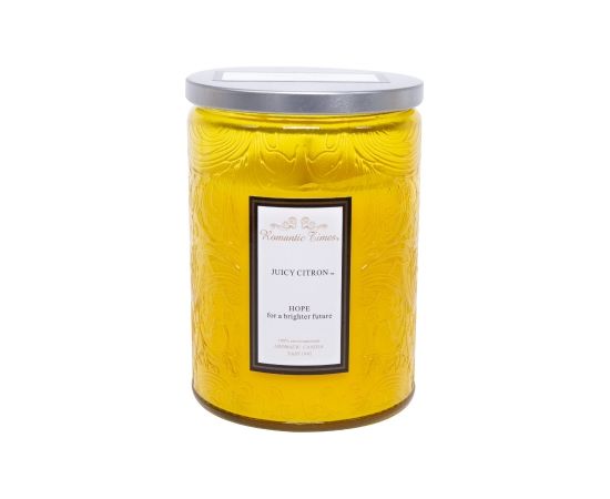 Svece stikla burkā ROMANTIC TIMES, D8xH11cm, ar vāku, dzeltena, (smarža- ar citronu smarža)