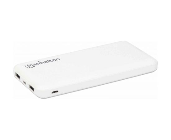 Manhattan Power Bank, 10000 mAh, Output: 2x USB-A (2.1A & 1A), Input: USB-C & Micro-USB (both 2A), White, One Year Warranty, Blister